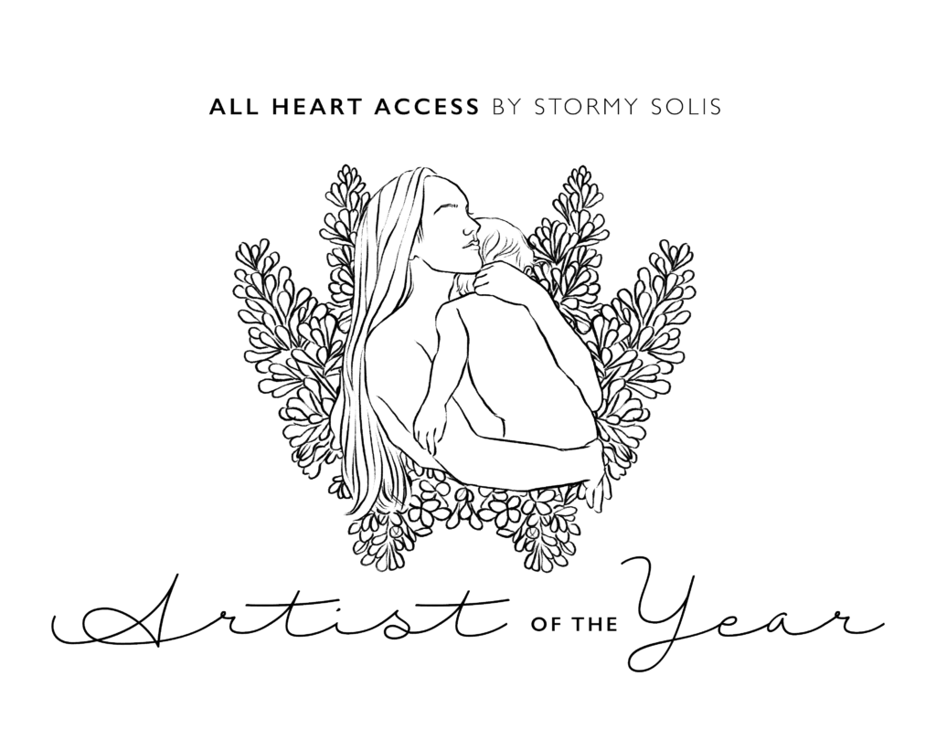 Award Badge, All Hearts Access by Stormy Daniels "Artist of the Year" Graphic of mother holding a child